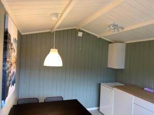 哈山Topcamp Rustberg - Hafjell的厨房配有桌子和天花板上的灯