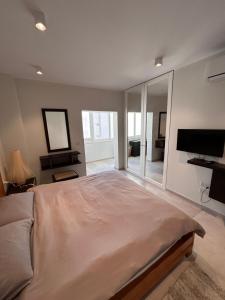 帕切维拉Luxury Private Room - TV的一间卧室配有一张大床和一台平面电视