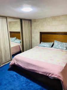 杰拉什Jerash sky1的一间卧室配有一张大床和镜子