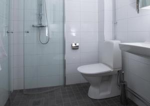 KarlholmsbrukHotell Havsporten的带淋浴、卫生间和盥洗盆的浴室