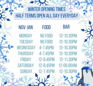 惠特比The Fylingdales Inn的冬季营业时间日历,每天半个时段开放