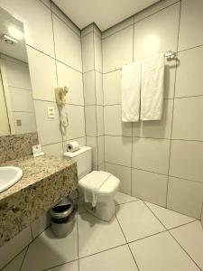 阿雷格里港Umbu Hotel Porto Alegre - Centro Histórico - Prox Aeroporto 15min的一间带卫生间、水槽和镜子的浴室