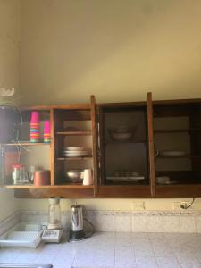 科潘玛雅遗址Stella Hostel Copán的厨房配有木制橱柜,内配餐具