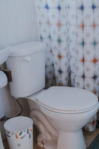 蒙特港CABAÑAS TRAPEN的浴室设有白色卫生间和淋浴帘。