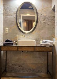蒙斯Le Vieux Cèdre Grand Place的一间带水槽和镜子的浴室