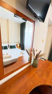 桑丹斯基Dezudava Family Hotel的一间卧室配有一张床和一面大镜子