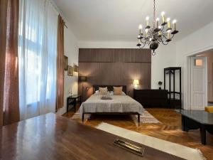 布达佩斯Hillside Luxury Residence Budapest with free garage的一间卧室配有一张床和一个吊灯