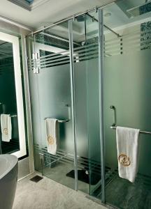 亚历山大Fleet Club Mahrousa的浴室设有玻璃淋浴间和毛巾