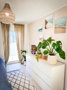 RimparSchönes modernes Einfamilienhaus für 1 bis 6 Personen的客厅配有白色梳妆台,上面有植物
