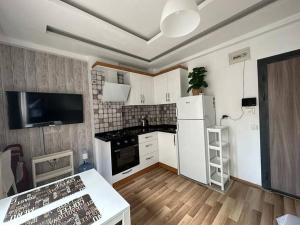 梅才特里Deniz One Bedroom Appartment的厨房配有白色冰箱和桌子