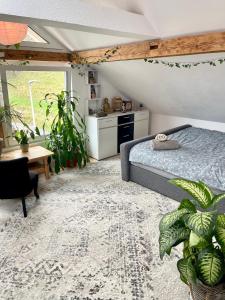 塞沃伦Old Farmhouse Loft near Vaduz的一间卧室配有一张床、一张桌子和植物