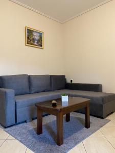 卡尔派尼西翁Αρτέμιδα Karpenisi Apartment的客厅配有蓝色的沙发和茶几
