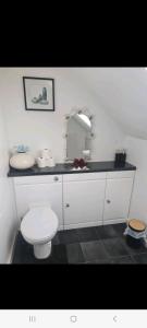 SedgleyEnsuite spare room in family home Dudley的浴室设有白色的卫生间和镜子