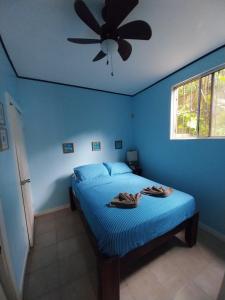 桑迪湾Roatan Backpackers' Hostel的蓝色卧室配有一张带吊扇的床