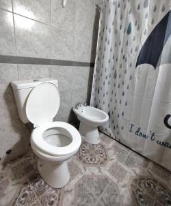 马拉圭Duplex "Valle Hermoso"的一间带卫生间和淋浴帘的浴室