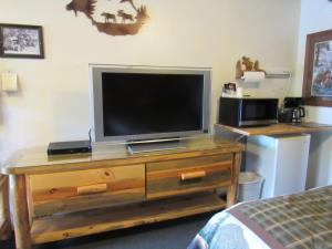CrescentThe Woodsman Country Lodge Motel的卧室内木制梳妆台上的电视