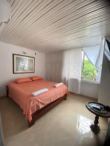 巴耶杜帕尔Casa Los Almendros, Valledupar casa completa的一间卧室配有带橙色床单的床和窗户。