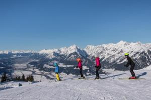 韦伯格Ferienwohnung Gipfelblick的上山滑雪的四人