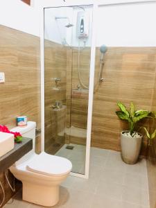 阿鲁甘湾Tropicana Home Stay的带淋浴、卫生间和植物的浴室