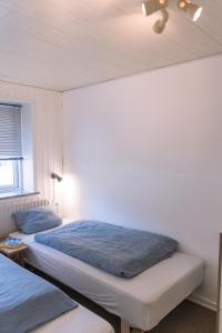北内伯尔Drømmehus Ferienwohnungen的一间卧室配有两张床和吊扇