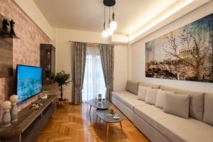 雅典Blue Ark Acropolis Compass的带沙发和电视的客厅