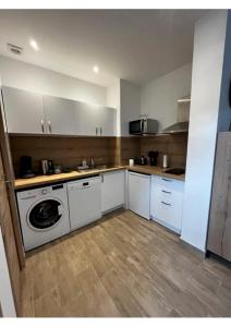 勒阿弗尔Appartement Louise的厨房配有白色橱柜和洗衣机。