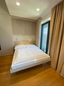 伏尔塔瓦河畔利普诺Molo Lipno apartmán B232的一张位于带大窗户的房间内的床铺