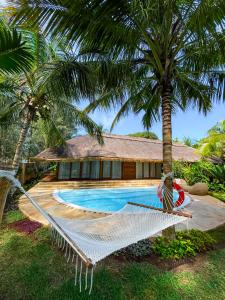 蓬圭图利亚独特的桑给巴尔海滩度假村的房屋前的吊床,带游泳池