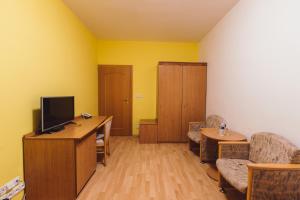 Domašov安纳贺夫酒店的客厅配有电视和一张沙发的书桌