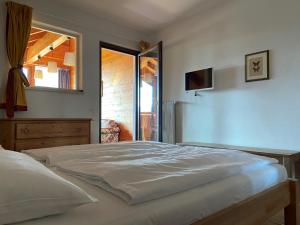 卡尔达罗Residence La Terrazza的一间卧室配有一张带窗户的床和一台电视