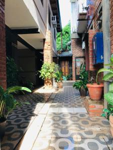伊瓜苏港法米利亚公寓式酒店的一座空的庭院,里面种有植物