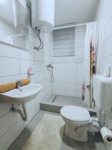 特拉夫尼克Apartments Planinski raj的白色的浴室设有卫生间和水槽。