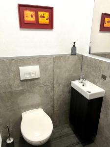 阿莫尔巴赫Weitblick 1的浴室配有白色卫生间和盥洗盆。