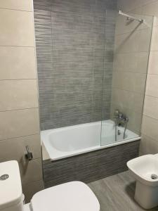 巴约讷Acogedor apartamento en Baiona的带淋浴、卫生间和盥洗盆的浴室