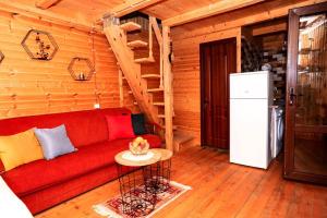 安布罗劳里Cottage Racha Rhymes的小木屋内带红色沙发的客厅