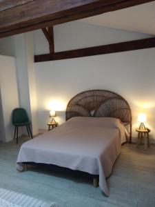 莱瑟佩瑟Les Trois Geais的一间卧室配有一张大床和两盏灯