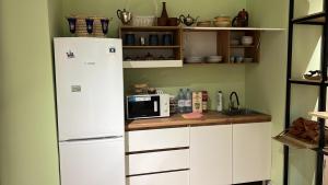 阿斯塔纳Friends Hostel的厨房配有白色橱柜和白色冰箱。