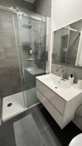 沙勒罗瓦Studio chic proche aéroport & centre-ville的浴室配有白色水槽和淋浴。