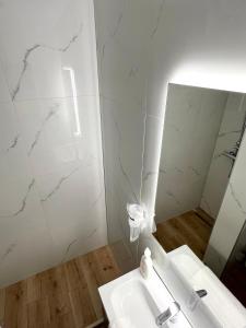 锡比乌Loft by Lumiere Sibiu的白色的浴室设有水槽和镜子
