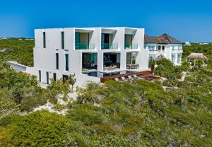 Long Bay HillsUXUE Villa的海滩上房屋的空中景致