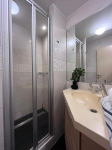 科帕奥尼克Apartment Dunja Konaci的一间带玻璃淋浴和水槽的浴室
