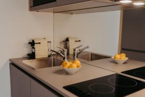 施皮尔费尔德RELAX APARTMENTS Hochgraßnitzberg的一个带水槽和两碗橙子的厨房