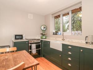 兰波特Pear Tree Lodge的厨房配有绿色橱柜、水槽和桌子