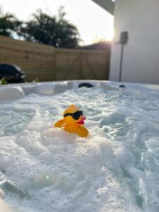 克利尔沃特Crest Lake Beach House的坐在热水浴缸中的黄橡皮鸭