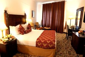 伊斯兰堡Hotel Hillview Islamabad的配有一张床和一张书桌的酒店客房