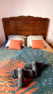 Saint-BeauzélyAppartement au calme au cœur du village的床上摆着两双袜子的睡床