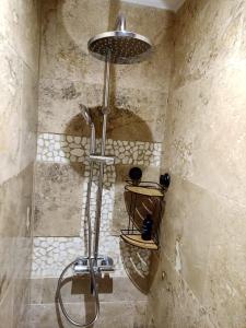 圣纳泽尔Appartement lumineux au cœur de la garrigue的带淋浴的浴室(带石墙)