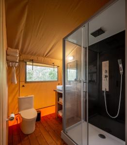AllendeCampizo Glamping - Monterrey X NANTLI LIVING的帐篷内带淋浴和卫生间的浴室