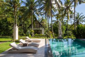 KrambitanAnima Retreat Bali的房屋旁带躺椅的游泳池