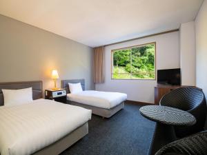 雾岛市雾岛国际大酒店的酒店客房设有两张床和窗户。